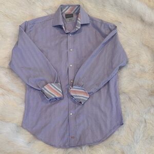 Thomas Dean Lavender and White Check Dress Shirt with Striped Contrast Cuffs